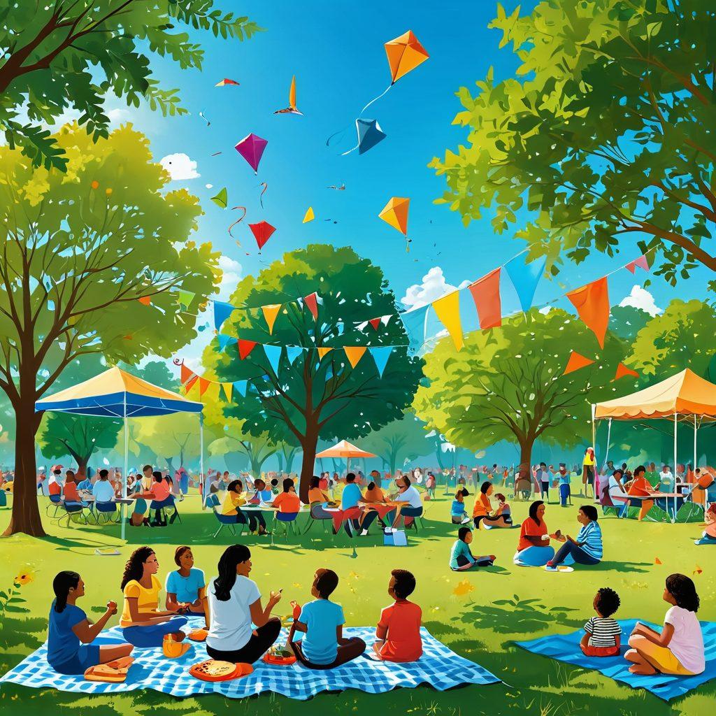 A lively scene of a diverse community gathering in a public park, featuring families engaging in various outdoor activities like picnicking, playing games, and enjoying a local performance. Colorful banners and greenery surround the joyful atmosphere, with children flying kites and people chatting, promoting a sense of togetherness. Bright blue skies and warm sunlight add to the cheerful vibe. vibrant colors. cheerful illustration.