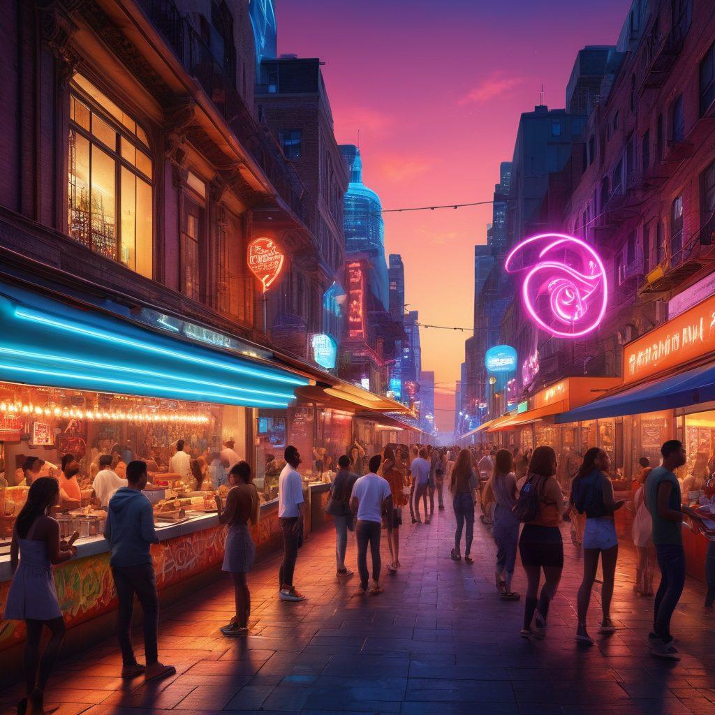 A dynamic cityscape at dusk, featuring diverse groups of people engaging in spontaneous activities, such as dancing, street food tasting, and playing music in vibrant public spaces. Include a backdrop of iconic urban architecture and lively street art. Emphasize an electric atmosphere of camaraderie and adventure with bright neon lights illuminating the scene. super-realistic. vibrant colors. 3D.