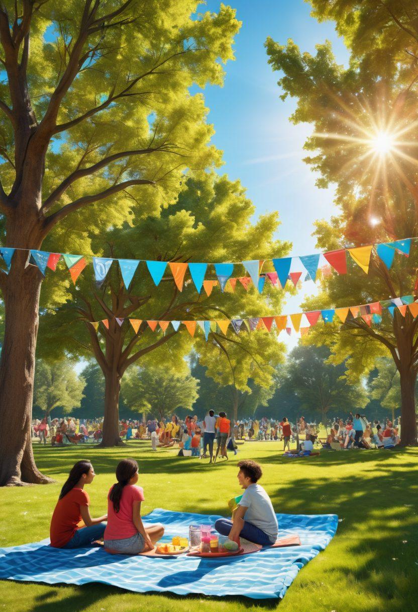 A vibrant community gathering in a sunlit park, showcasing people of diverse backgrounds engaging in outdoor activities like picnicking, playing frisbee, and sharing laughter. Include colorful banners promoting public engagement and fun, with trees and a blue sky in the background, capturing the spirit of connection. super-realistic. vibrant colors. 3D.